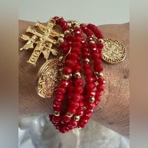 Beautiful Red and Gold Beaded Bracelet Set of 6 with Gold Religious Charms
